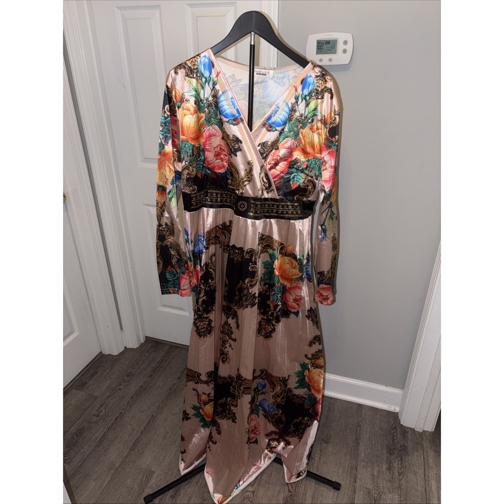 House of S.D Floral Baroque Maxi Dress V-Neck Long Sleeve Artsy XXXL See Picture
